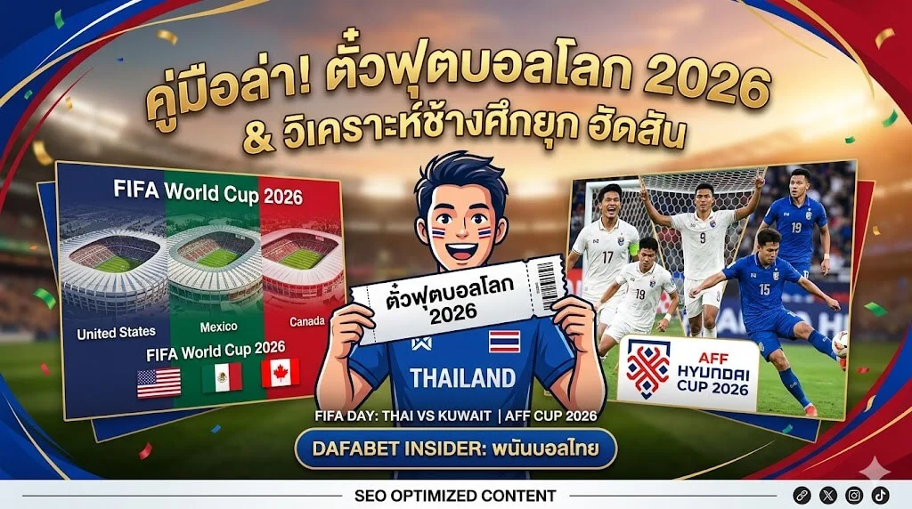 คู่มือซื้อ ตั๋วฟุตบอลโลก 2026 ราคา, จองตั๋วบอลโลก FIFA 2026 ไทย, ฟุตบอลทีมชาติไทย แอนโธนี ฮัดสัน AFF 2026, ราคาตั๋วบอลโลก 2026 รอบสุดท้าย, Dafabet พนันบอลไทยสถิติ
