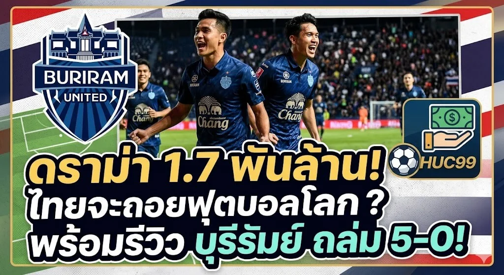 หน้าปกบทความดราม่าค่าลิขสิทธิ์ฟุตบอลโลก 1.7 พันล้านบาท, สรุปผลบุรีรัมย์ ยูไนเต็ด ถล่ม อยุธยา ยูไนเต็ด 5-0 และสัญลักษณ์เว็บ HUC99