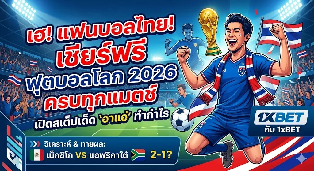 ปกบทความฉลองแฟนบอลไทย ดูฟรี! ฟุตบอลโลก 2026 พร้อมสตอรี่ 'อาแอ่' เคล็ดลับทำกำไรกับ 1xBET วิเคราะห์บอลคู่เปิดสนาม เม็กซิโก-แอฟริกาใต้